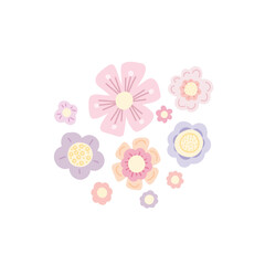 Delicate vector card with flat hand drawn flowers on a white background. Tender cartoon ditsy illustration. Pastel floral image