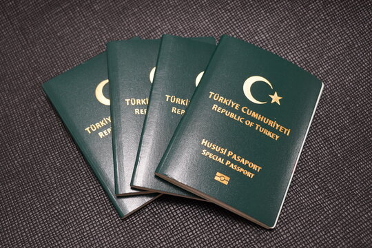 Many Turkey Green Passports On A Black Background