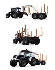White tractor with a trailer for logging on a white background. 3d rendering.