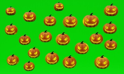 3D illustration, pattern of yellow halloween pumpkins, green background, 3D rendering.
