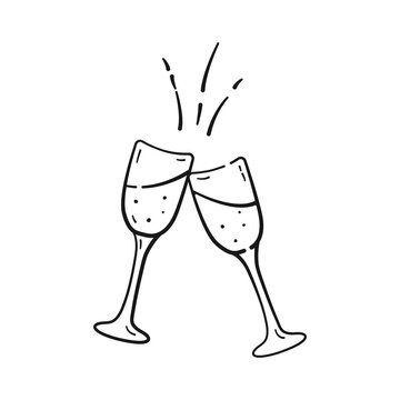 Glasses of champagne in doodle style. Two glasses with champagne and bubbles in black linear drawing style. Toast and cheers. Png on transparent background