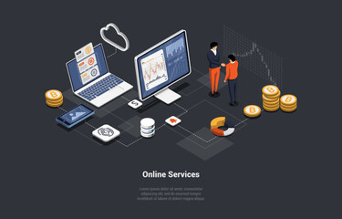 Online Services For Buy And Sell Cryptocurrency. Investors Shaking Hands After Successful Deal. Traders Analyse Chart, Buy And Sell Crypto And Get Profit. Isometric Cartoon 3d Vector Illustration
