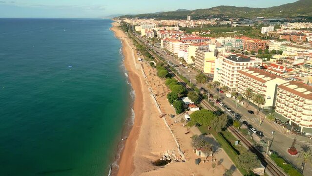 Calella Pineda de Mar Santa Susanna Costa del Maresme aerial images of the beach Yellow sand beach without people