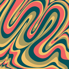 Groovy wave retro background with swirl. Retro color hippy. Simple twirl trendy design. Wavy marble groovy pattern.