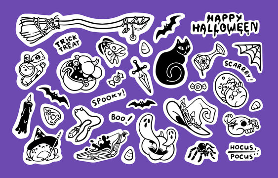 Halloween holiday stickers bundle. Spooky design elements set for Helloween. Horror typography, pumpkin, cat, hat, skull and bat pack in line-art style. Isolated outlined flat vector illustrations
