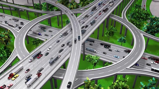 Highway intersection/ road interchange middle in the city with heavy traffic - view from the above, rotating camera - 3D 4k animation (3840x2160 px).