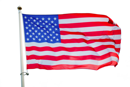 Photography of an American US flag on a pole isolated on transparent background