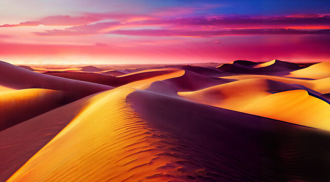 panorama of golden desert with sand dunes at beautiful sunset, 3D illustration