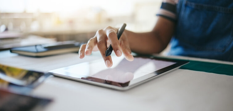 Hand, Tablet And Design With A Woman Small Business Owner Working On The Internet In Her Creative Startup. Tech, Zoom And Online With A Female Designer Or Entrepreneur At Work In Her Studio Closeup