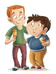Illustration of two friends children eating ice cream