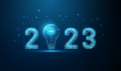 Abstract Happy 2023 New Year greeting card with light bulb