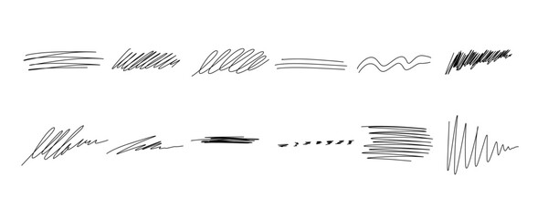Highlight underline and strike through. Pen line template. Hand drawn marker line stroke set. Vector illustration isolated on white background.