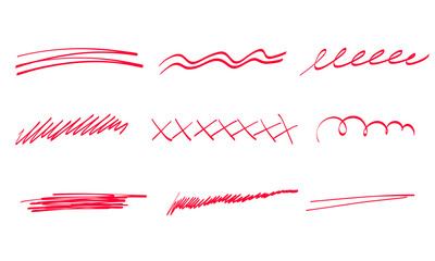 Hand drawn marker pen line stroke set. Highlight underline and strike through. Pen line template. Vector illustration isolated on white background.