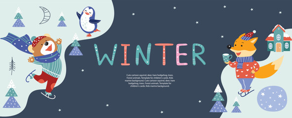 Cute cartoon foxes, bear and penguin. Houses with snow on the roof.Template for children's cards.