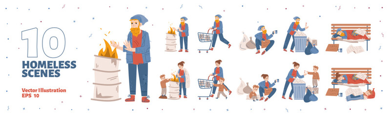 Scenes with homeless people, beggars living on city street. Hobo characters, sad needy mother with son and lonely man sleep on bench, dig in trash and begging, vector hand drawn illustration