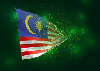 Malaysia, on vector 3d flag on green background with polygons and data numbers