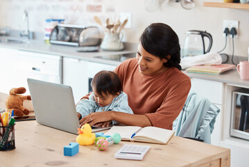 Baby, laptop and mother work from home in kitchen for financial, email or internet. Technology,...