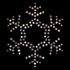 Shiny confetti snowflake shaped mosaic geometric ornament on black background isolated.