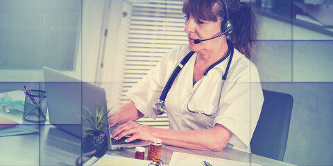 Portrait of female doctor during online medical consultation, geometric pattern