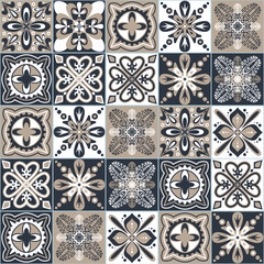 Azulejo talavera black beige white ceramic tiles majolica pattern, vector illustration, arabic traditional background for design