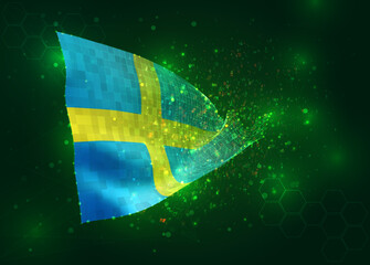 Sweden, on vector 3d flag on green background with polygons and data numbers