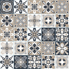 Azulejo talavera black beige white ceramic tiles majolica pattern, vector illustration, arabic traditional background for design