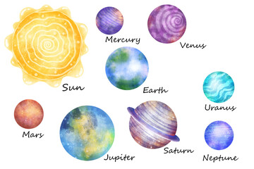 Watercolor planets of the solar system, stars. Color illustration, clipart.