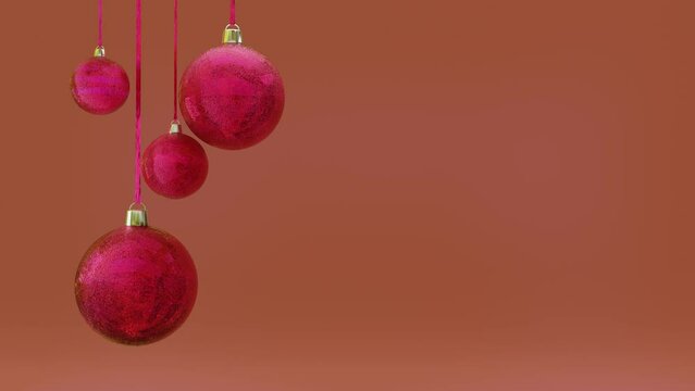 purple christmas balls swing on yellow ribbons. 3d render. looped animation