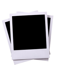 Untidy stack of polaroid style instant camera prints photo frame isolated transparent background...