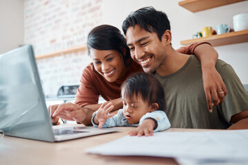 Mom, dad and baby in kitchen with laptop, happy family from Mexico checking online payment or video call. Mother, father and child with down syndrome at computer in home streaming educational video.