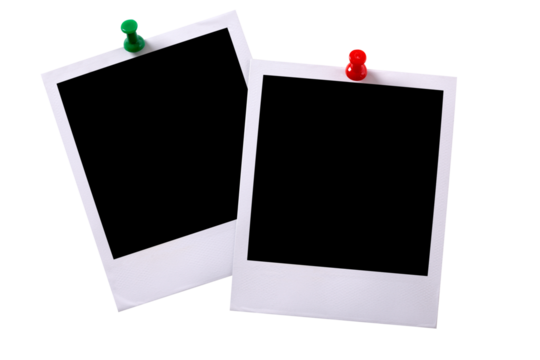 Two polaroid style instant camera frame prints isolated photo transparent background PNG file