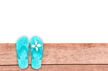 Blue flip flops on wooden deck isolated on trasparent background