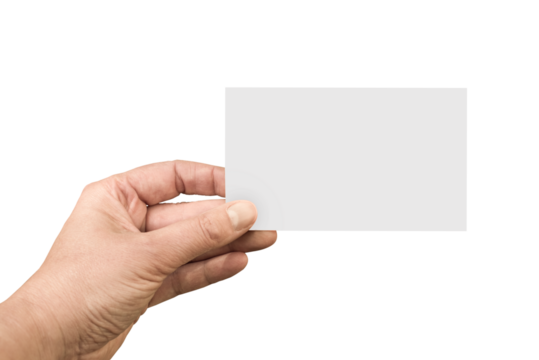 Hand holding a blank white note or business card with copy space for text, isolated on transparent background, png file