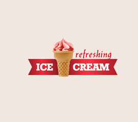 Ice cream with fruit topping in wafer cone icon