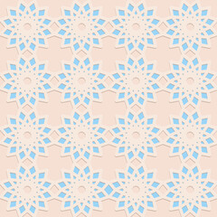Blue beige seamless pattern, arabesque arabic perforated embossed decorative background