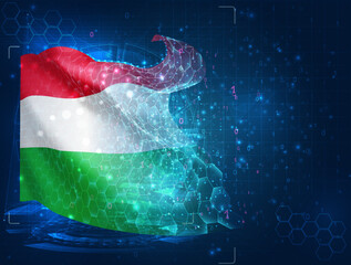 Hungary,  vector flag, virtual abstract 3D object from triangular polygons on a blue background