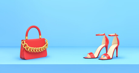 Red handbag with gold chain, high heels on blue background