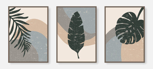 Fototapeta na wymiar Gallery Wall Art Set of 3 Minimalist Boho Prints. Floral Tropical Leaves Poster for Bedroom, Living Room and Office Wall Decor. Hand Draw Leaf Vector Botanical Design for Minimalist Interior.