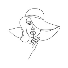 Woman Head in Hat Vector Abstract Line Art Drawing. Style Template with Female Face. Woman in Elegant Hat Modern Minimalist Simple Linear Style for Beauty Fashion Design