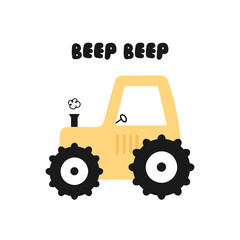 Fototapeta premium Print with cartoon tractor. Vector illustration on a white background. For posters, invitations, banners, printing on the pack, printing on clothes, fabric, wallpaper.