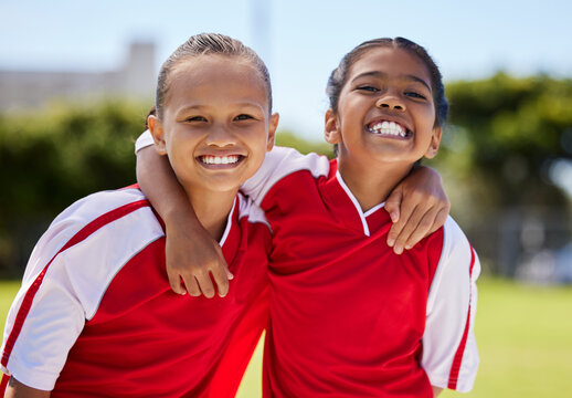 Soccer, Portrait And Friends In A Girl Football Sports Team For Children Ready To Start Training, Exercise And Kids Game. Smile, Healthy And Happy Girls On Practice Ground Or Field Together In Brazil