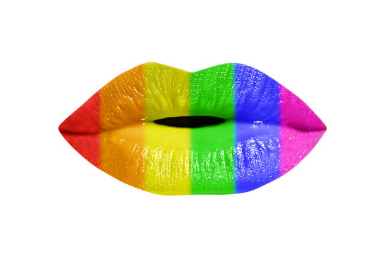 Close up of sexy caucasian woman perfect  lips with rainbow lipstick isolated on transparent background. LGBT, lesbian  love and pride concept