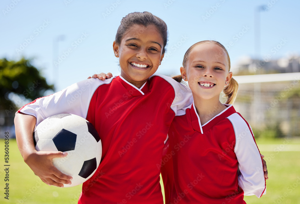 Sticker Portrait of girls on field, sports and soccer player, smiling with teammate. Soccer ball, football and young kids having fun on summer day before match or game. Team, friends and teamwork in sport