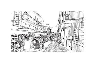 Building view with landmark of Palavas les Flots is the 
commune in France. Hand drawn sketch illustration in vector.