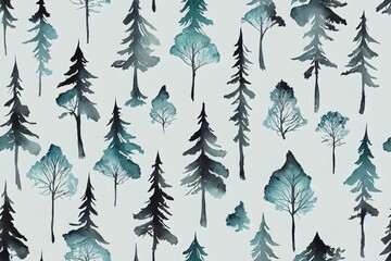 Obraz premium Wild forest animals seamless pattern Watercolor image Hand drawn forest bear wolf rabbit badgerfir trees mountains Seamless pattern for fabric paper tixtile print White background