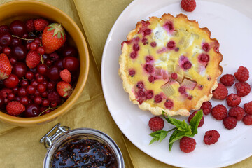 Picture red fruits. Strawberries, cherry, gooseberry, raspberry. Seasonal recipe cooking summer food preparation. Realization jam, pie, fresh fruit health food. Fresh fruit from the garden. Top view 