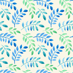 Fototapeta na wymiar Seamless pattern of Leaves painted with watercolors on a beige background. For fabric, sketchbook, wallpaper, wrapping paper.