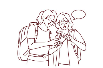 Happy girls travelers with backpacks looking at map on smartphone. Smiling female tourists using cellphone GPS in trip. Travel and technology. Vector illustration. 