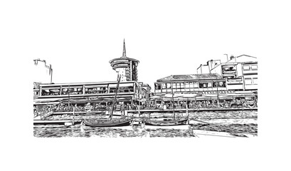 Obraz premium Building view with landmark of Palavas les Flots is the commune in France. Hand drawn sketch illustration in vector.
