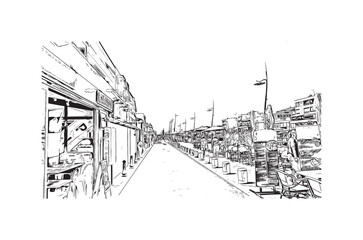 Building view with landmark of Palavas les Flots is the 
commune in France. Hand drawn sketch illustration in vector.